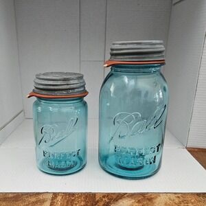 Vtg Ball Perfect Mason Jars Pint and Quart Rubber Gasket Zinc Lid Canning 1920s